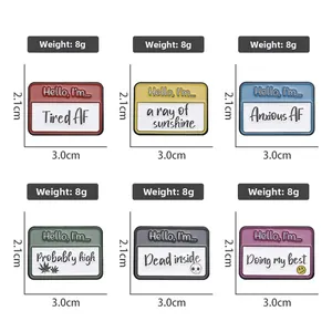 Set of 6 colorful enamel name tag pins with creative slogans, 3.0cm x 2.1cm size
