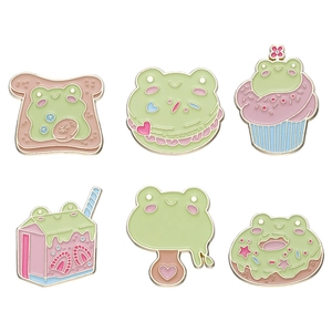 Set of six cute frog dessert enamel pins including donut, toast and strawberry milk box