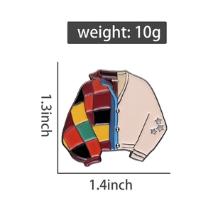 Enamel sweater brooch with dimensions 1.4x1.3 inches and 10g weight shown on white