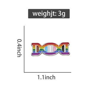 Detailed view of rainbow DNA helix pin showing dimensions 1.1x0.4 inches and 3g weight