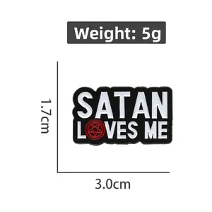 Minimalist rectangular black enamel Satan Loves Me pin brooch with red star symbol