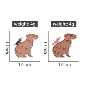 Detailed view of capybara enamel pins showing 4g weight and 1.1x1.0 inch dimensions