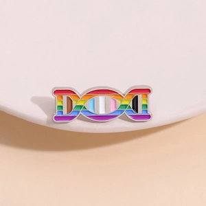 Rainbow DNA double helix enamel pin badge with vibrant colors and polished metal finish
