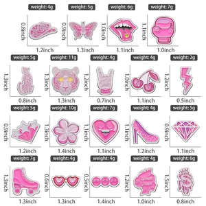 Guía de tallas de 19 pines de esmalte rosa con dimensiones y pesos detallados por cada modelo