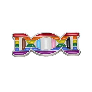 Rainbow DNA double helix enamel pin badge with inclusive LGBTQ+ pride flag colors