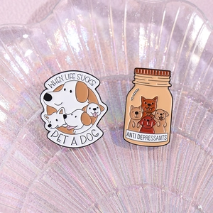 Kreatives Hunde-Emaille-Pin-Set mit heilenden Sprüchen und Anti-Depressiva-Welpenglas
