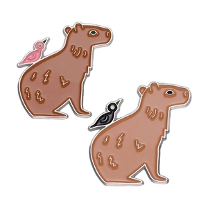 Cute capybara enamel pins set with birds for couples, crafted in polished metal alloy