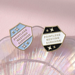 Cartoon shield-shaped enamel pin badge featuring Pointless Meeting Survivor text on shell