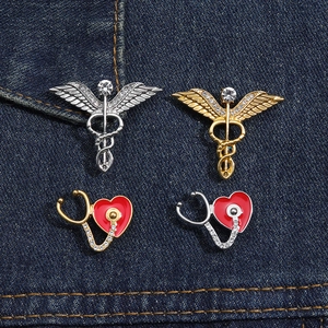 Fashion heart stethoscope and caduceus medical brooch pins with sparkling rhinestones