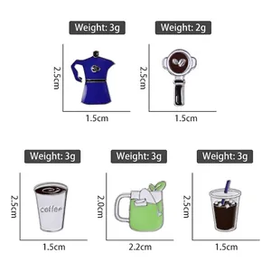 Set of five creative coffee themed enamel pins including moka pot and cafe icons