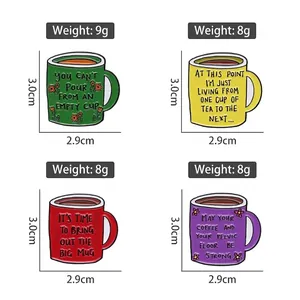Set of four colorful enamel coffee cup lapel pins with inspirational text and floral motifs