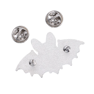 Dark punk bat enamel pin with dual metal butterfly clasps on sandblasted silver back