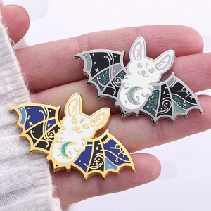 Dark punk bat rabbit enamel pins with moon details and glitter wings on metal base