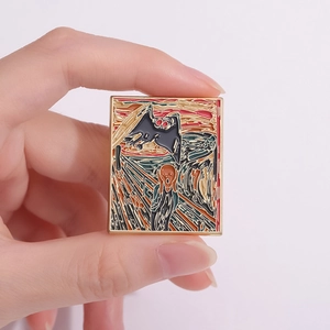 Creative Van Gogh style enamel pin featuring The Scream artwork with a black bat design