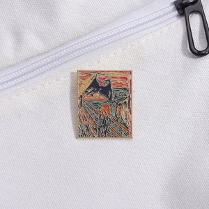 Artistic enamel pin featuring Van Gogh Starry Night and Munch The Scream oil painting style
