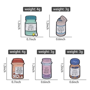 Detailed dimension chart showing colorful enamel pill pins with 1.2 inch height labels