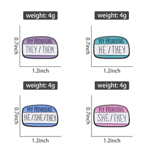 Detail view of 0.7x1.2 inch enamel pronouns pins with weight and size specifications