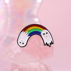Rainbow ghost enamel pin with heart eyes on pink crystal background, Halloween decor