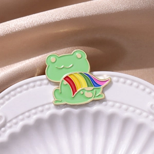 Cute green enamel frog brooch with rainbow pride flag pattern on golden alloy metal base