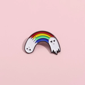 Cute rainbow ghost enamel pin with colorful stripes and smiling heart-eyed cartoon ghosts