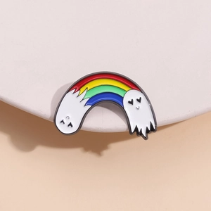 Rainbow enamel ghost pin with heart eyes and cute smile for Halloween backpack decor