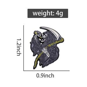 Detailed view of grim reaper enamel pin with dimensions 1.2 x 0.9 inches and 4g weight