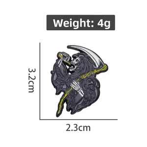 Detail view of a 3.2cm reaper enamel pin with scythe, weighing 4g in zinc alloy