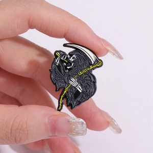 Punk grim reaper enamel pin featuring a cartoon death figure holding a scythe and drinking