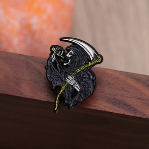 Grim Reaper metal enamel pin with scythe and yellow drink in minimalist punk style