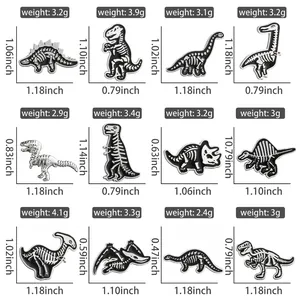 Size guide for punk dinosaur skeleton enamel pins showing weights and dimensions in inches
