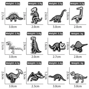 Size chart showing dimensions and weight for 12 punk dinosaur skeleton enamel pins
