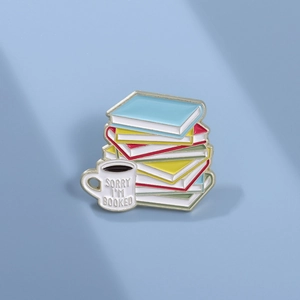 Novelty Alloy Enamel Pin Brooch Gold Plated Book Coffee Cup Stack Sorry I'm Booked Literary Jewelry Gift For Unisex