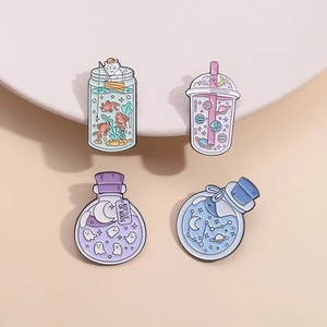 Cartoon Enamel Brooch Pin Cat Fishing Wishing Bottle Celestial Space Ghost Bottle Badge For Backpack Clothing Decor Gift