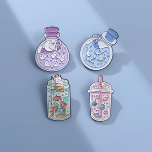 Creative enamel pin set featuring cartoon cat fishing and celestial wish bottle designs