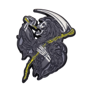 Gothic Grim Reaper enamel brooch featuring a skeleton drinking from a cup with a scythe