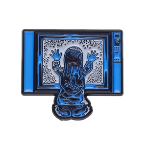 Vintage TV enamel pin with ghost girl silhouette on static screen classic movie brooch