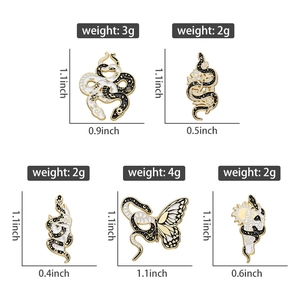 Detailed size and weight specs for snake enamel pins with celestial butterfly designs