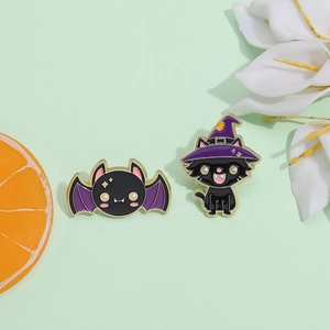 Halloween wizard cat and bat enamel pins set with purple wings and glitter rhinestones
