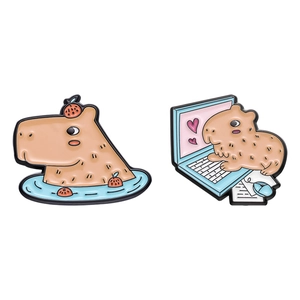 Cute Capybara enamel pins set featuring spa and office designs for clothes and bags