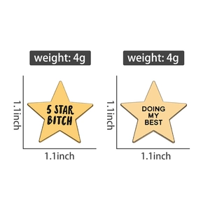 Detailed view of 1.1-inch yellow star enamel pins with 5-star bitch and doing my best text
