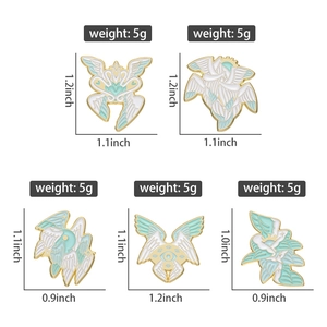 Detailed view of angel wing enamel pins with dimensions and weight specifications
