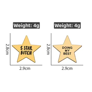 Detail view of gold pentagram enamel pins with 5 STAR BITCH and DOING MY BEST slogans