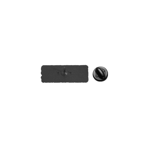 Detailed back view of a black enamel pin with a secure rubber clutch and metal pin back