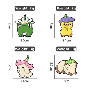 Detailed view of four cute animal enamel pins with exact dimensions and weight specifications