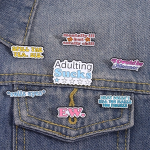 Lot de pins émaillés drôles avec texte créatif sur veste en jean, broches fantaisie