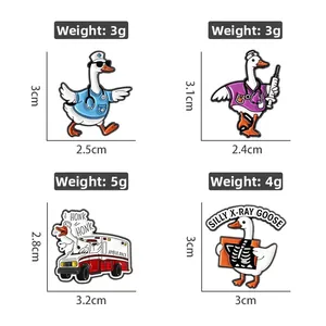 Detailed view showing dimensions and weight of four medical theme goose enamel pins