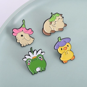 Set of 4 cute cartoon enamel pins featuring cat, duck, rabbit, and frog animals