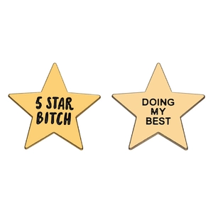 Star-shaped enamel pins in gold finish with 5 STAR BITCH and DOING MY BEST engravings