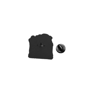Detail view of the black enamel metal badge back with rubber clutch fastener
