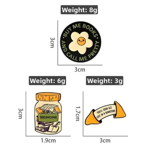 Detail view of colorful enamel pins with dimensions and weights for book lovers